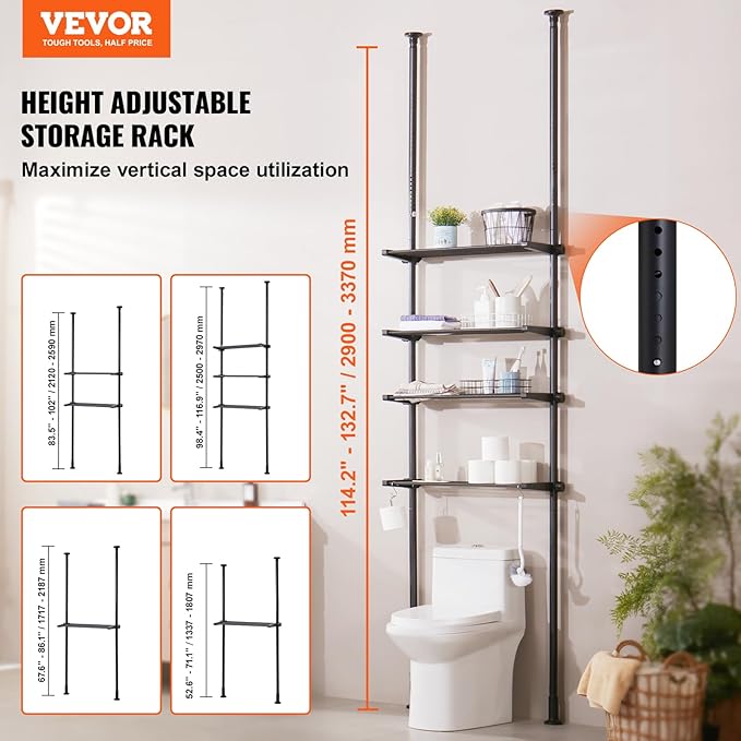 VEVOR Over Toilet Shelf, 4-Tier Adjustable AboveToilet Bathroom Storage, Low-Carbon Steel 53"-132" Tall Storage Shelf Rack, Easy Assembly Laundry Space Saver, for Small Rooms, Fit Most Toilets