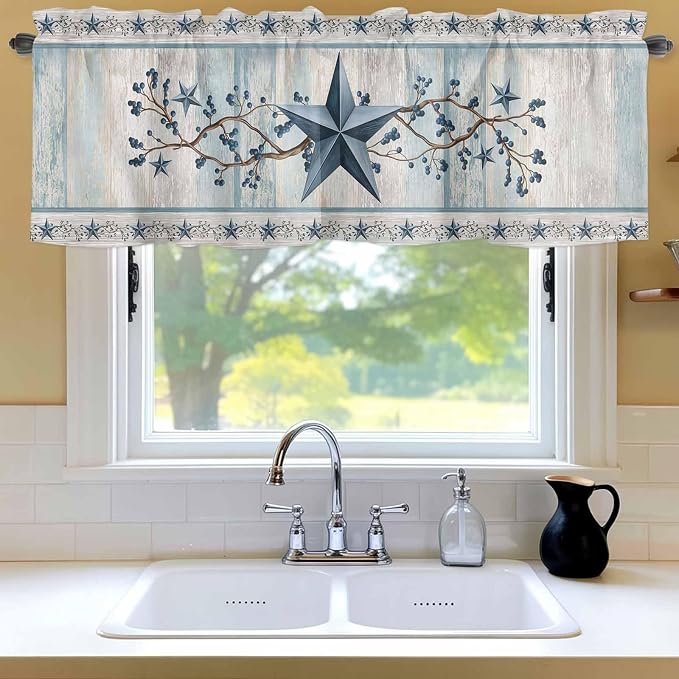 Blue Texas Star Valances for Windows, Vintage Star Berry Blue Beige Wood Grain