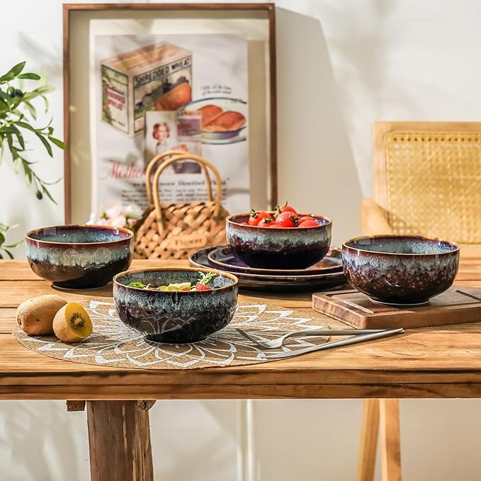 Serving Bowls - 22 Ounce Bowls Set - Ceramic Bowl Set of 2-5.75 inch Salad Bowls - Soup Bowls - Cereal Bowls for Kitchen, Speckled Black Purple