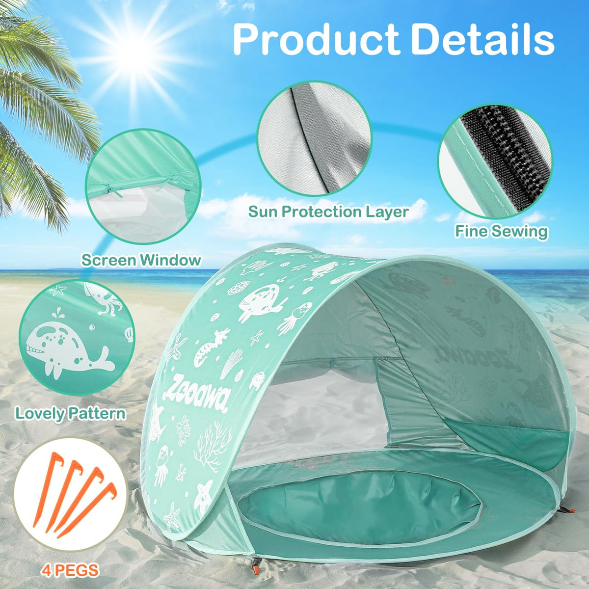 Zooawa Baby Beach Tent with Pool, Pop Up Beach Tent Sun Shade for Infant