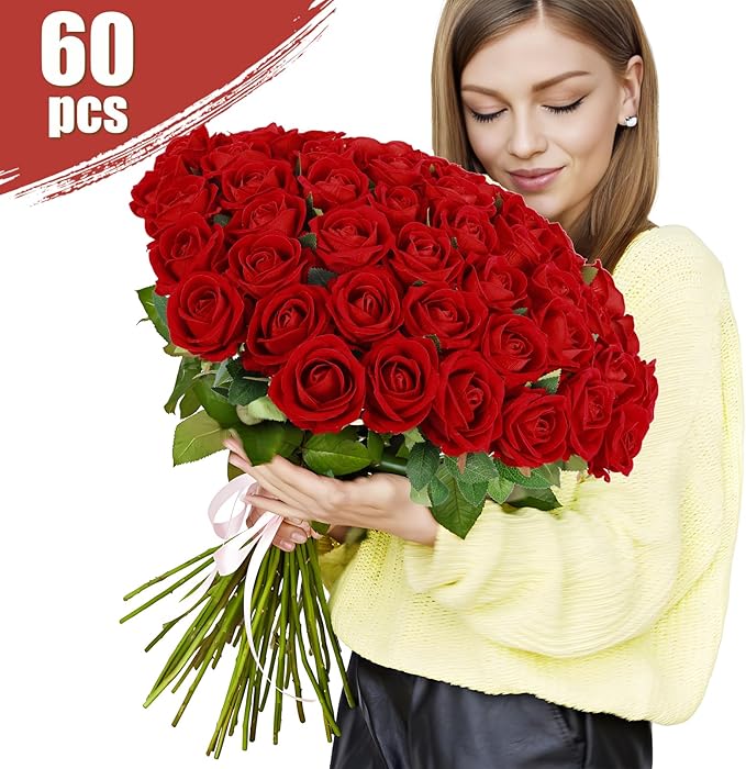 60 Pcs Artificial Roses Bulk Velvet Silk Roses Red Rose Flowers for Wedding Centerpieces Bridal Bouquet Mohter's Day Valentine's Day Christmas Home Decor (60, Red)