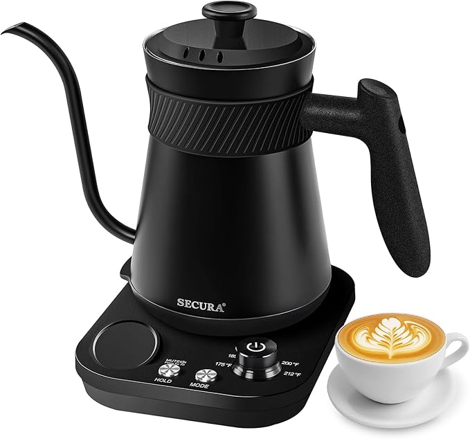 Secura Electric Gooseneck Kettle with 5 Temperature Control Presets, 100% Stainless Steel Inner Tea/Coffee Kettle with 1.5H Keep Warm, 1200 Watt Quick Heating for Coffee Tea Brewing, 0.8L, Matte Black
