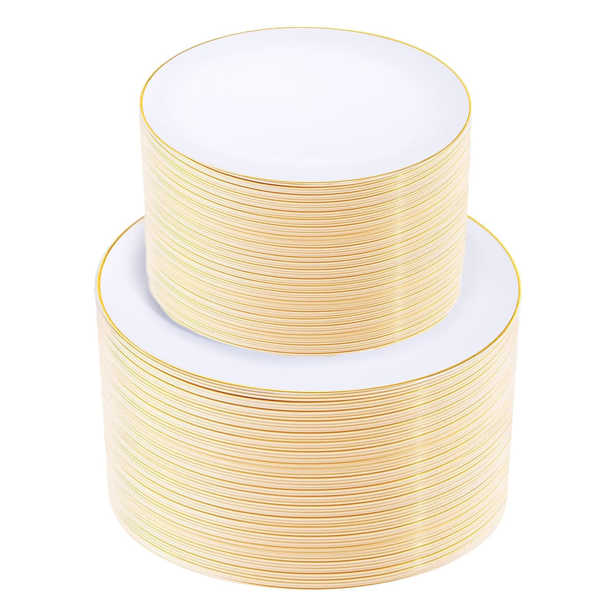 KIRE 200PCS Gold Plastic Plates - Disposable Plates for Party - White Plastic Plates with Gold Rim Include 100 for Dinner and 100 for Dessert/Salad in Wedding/Party/Summer