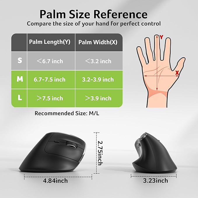 acer Ergonomic Mouse Wireless, Vertical Computer Mouse for Office, Ergo Mice Rechargeable for Medium to Large Sized Hands, 2.4GHz USB Receiver, 800/1200/1600 DPI, 6 Buttons for Laptop, PC and Desktop