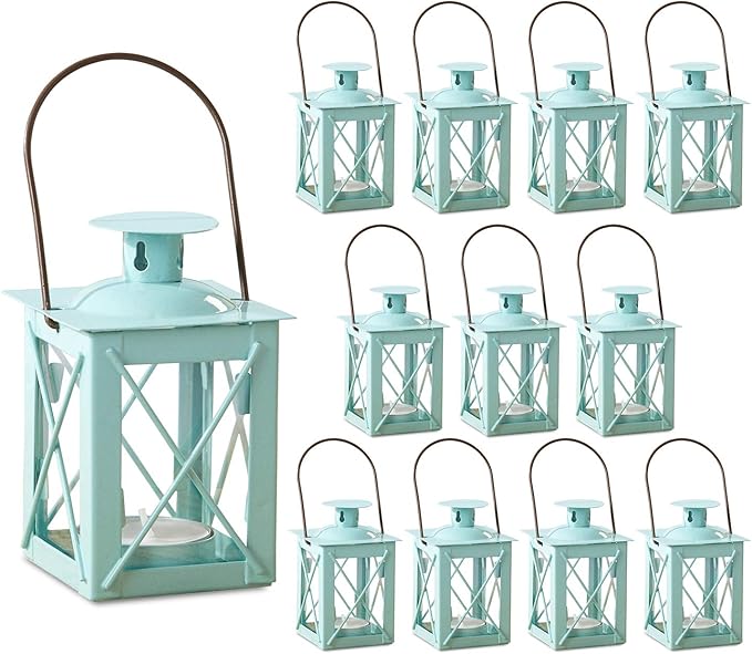 Kate Aspen Decorative Lanterns - Set of 12 - Luminous Metal Lantern Tealight Candle Holders for Wedding, Home Decor and Party - 4.5" H (6.5" H with Handle) – Blue