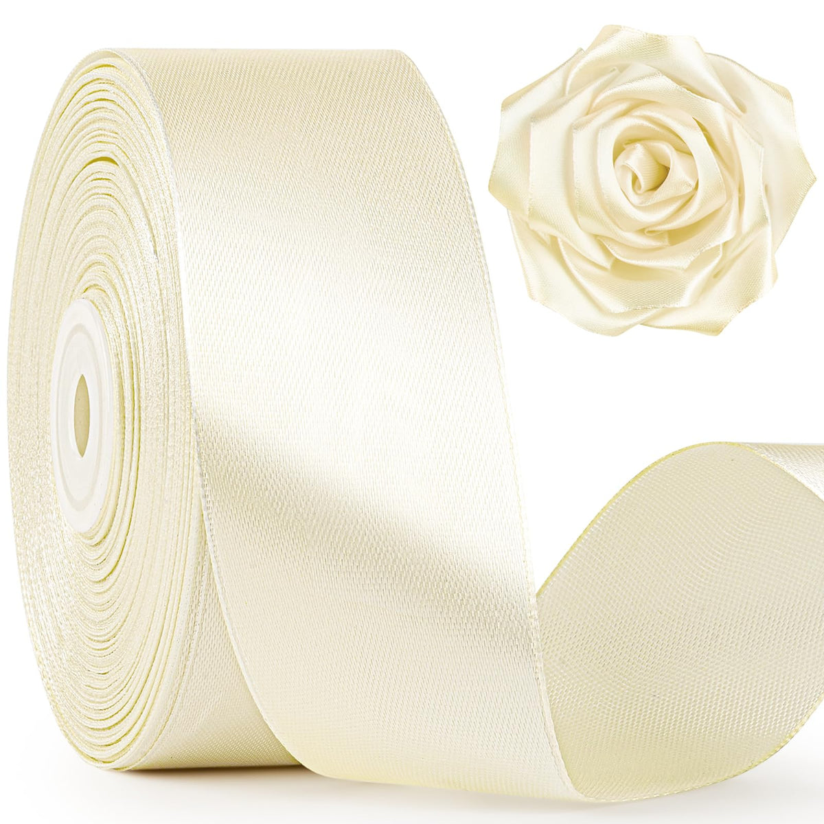 Mauproy 1-1/2 Inch Wide Ivory Satin Ribbon, 50 Yards Solid Polyester Fabric Ribbon for Roses Making, Gift Wrapping, Flower Bouquets, Wedding Decorations, Handmade Crafts