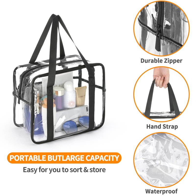 HAOGUAGUA Extra Large Clear Cosmetic Makeup Bag, Transparent PVC Tote Shoulder Bag Stadium Approved, Waterproof Clear Toiletry Carry Pouch Makeup Artist Bag Diaper Bag (Black)
