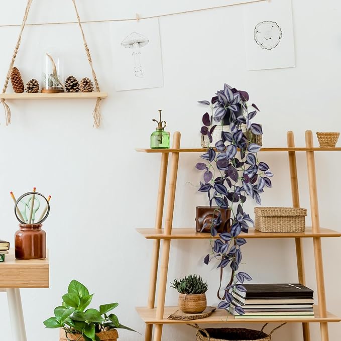 LOYWREE 2Pack Small Fake Hanging Purple Plant Artificial Potted Plants Indoor 39-in Long Faux Dark Black Vine Plant for Shelf Home Office and Outdoor Garden Decor (Black Pot)