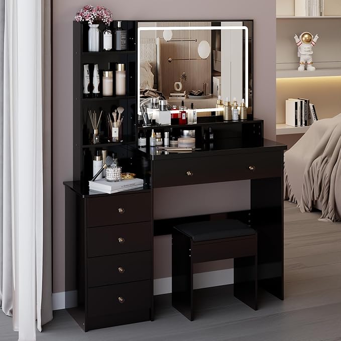 41" Vanity Desk with Mirror and Lights, Makeup Table with Led Mirror, 3 Lighting Colors, Vanity Set with Drawers and Stool for Bedroom, Black