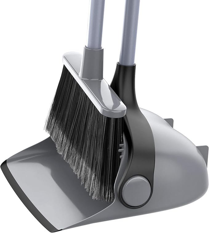 MR.SIGA Broom and Dustpan Set with Adjustable Long Handle, Gray