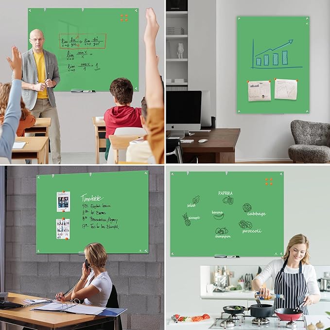 TSJ OFFICE Glass Dry-Erase Board - 48 x 32 Inches Wall Mounted Glass Whiteboard, Large Frameless Magnetic White Board for Office, Home & School, Green