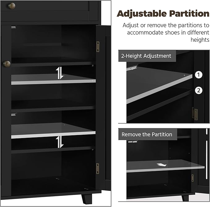 Yaheetech Shoe Cabinet, 4-Tier Shoe Storage Cabinet with Drawer & Adjustable Shelves, Wooden Shoe Rack Organizer with Louvered Doors for Entryway, Hallway, Closet, Living Room, Black