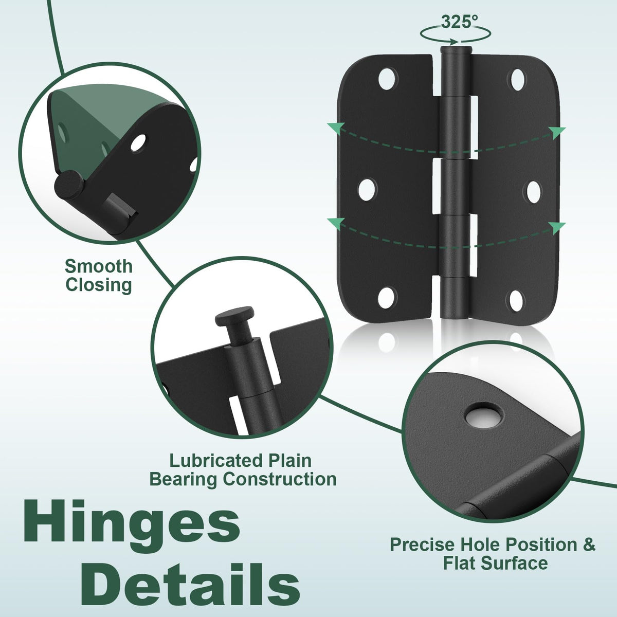 Estmoon 42 Pack Matte Black Door Hinges 3.5 x 3.5 Inch, 5/8" Radius Rounded Interior Hinges for Standard Doors, 6 Holes