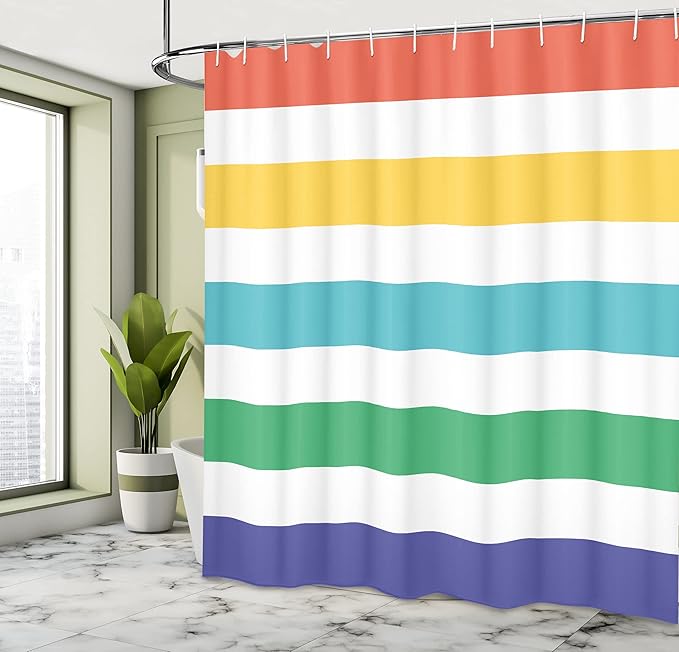 Ambesonne Striped Shower Curtain, Rainbow Colored and White Fun Horizontal Lines Room Red Yellow Blue Green Art, Cloth Fabric Bathroom Decor Set with Hooks, 69" W x 75" L, White Mustard Jade Green