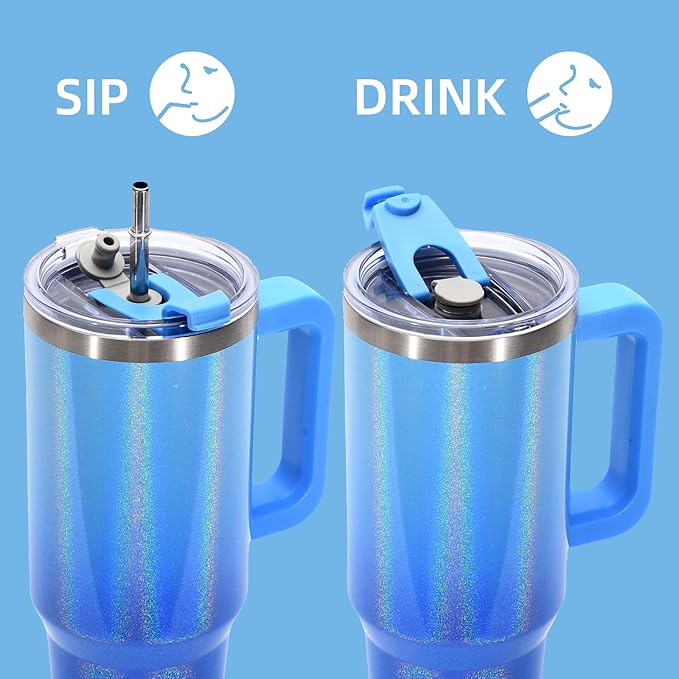 30 oz Shiny Tumbler with Handle,Tumbler with Lid and Straw,Double Wall Insulated Cup Stainless Steel Travel Mug(Cold for 34 Hours),Water Bottle for Iced Tea,Coffee,Cold Beverages(Blue)
