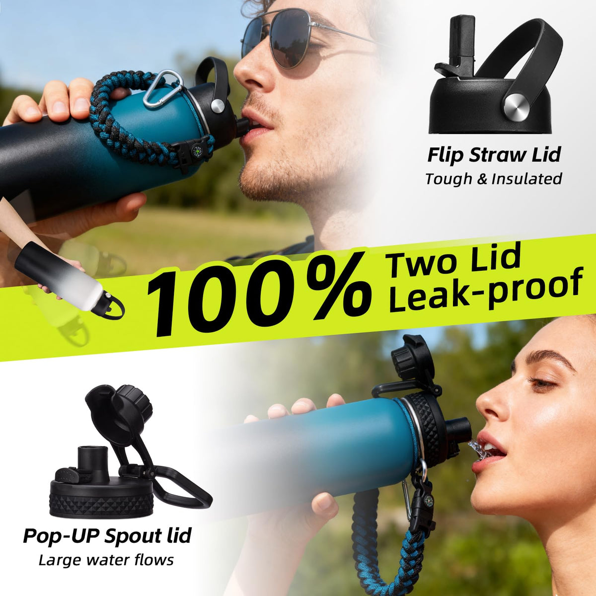1/2 Gallon Water Bottle Insulated - Keep Cold 48H, with Carrier Pouch, Straw & Auto Spout Lid, Paracord Handle & Protective Boot, 64oz Water Jug Half Gallon Stainless Steel Flask Set