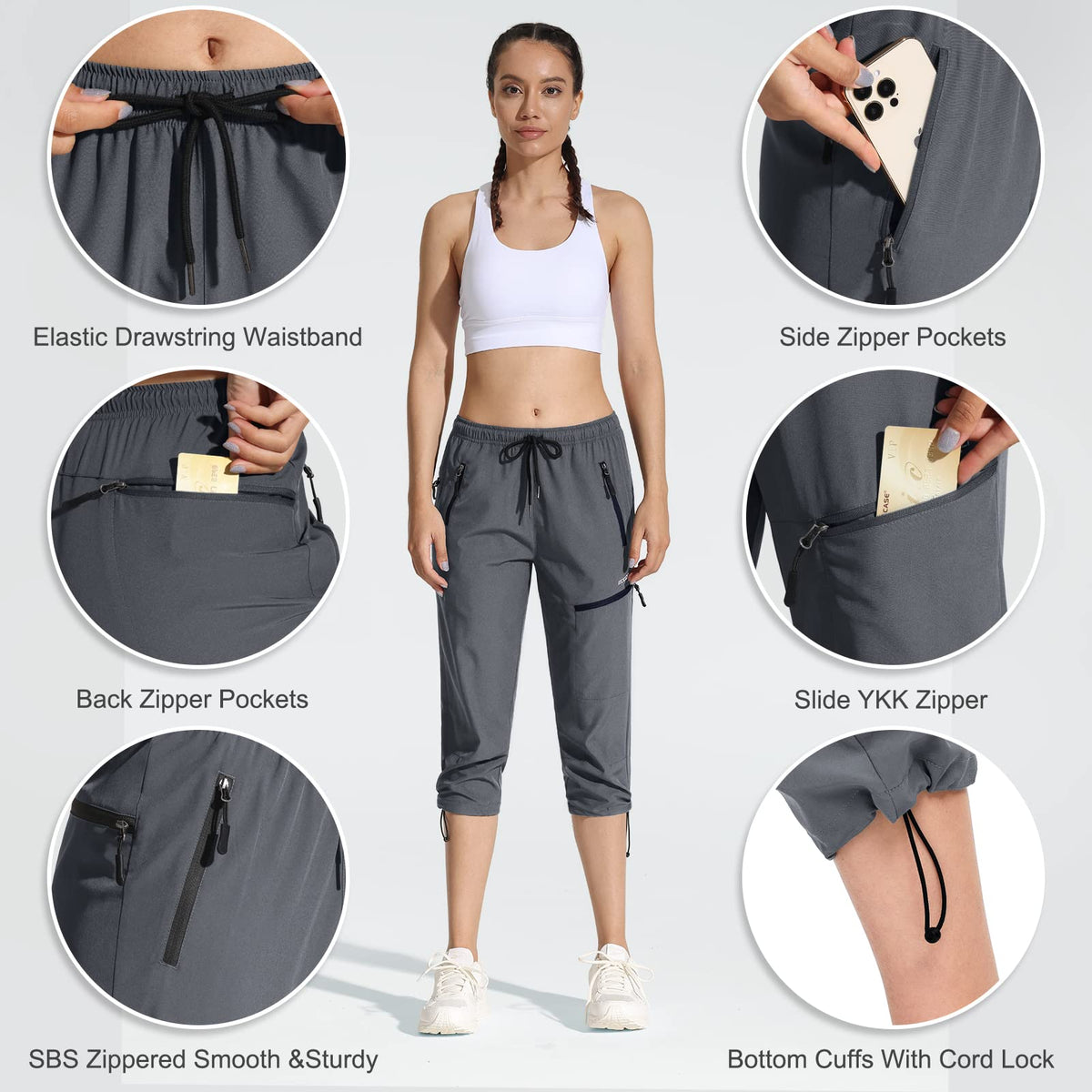 MOCOLY Women's Cargo Hiking Pants Elastic Waist Quick Dry Lightweight Water Resistant Active Long Pants UPF 50+