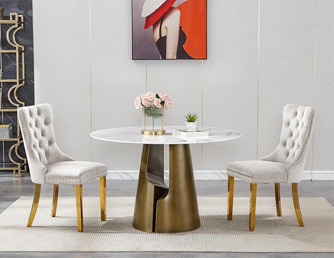 3-Piece Faux Marble Round Dining Table Set for 2, Modern Luxury Kitchen Table Set for 2 with Beige Tufted Chairs,Circle Dining Tables with White Marble Grain Top and Bronze Pedestal Base