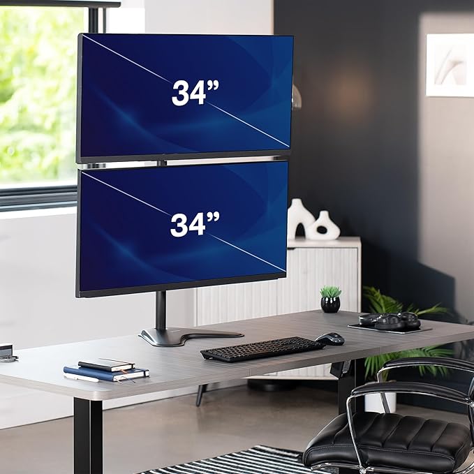 VIVO Dual Monitor Desk Stand Free-Standing LCD Mount, Holds in Stacked Vertical Position 2 Ultrawide Screens up to 34 inches, Black, STAND-V002L
