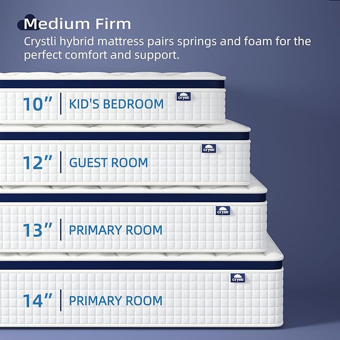 Crystli 14 Inch King Size Mattress Bed in A Box, Hybrid Mattress with Zero Pressure Foam, Innerspring Mattresses for Pressure Relief, Motion Isolation, Medium Firm, CertiPUR-US Certified