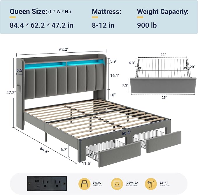 Allewie Velvet Vertical Tufted Queen Upholstered Platform Bed Frame with 2-Tier LED Storage Headboard & 2 Storage Drawers, USB & Type-C Charging Ports, Noise-Free/No Box Spring Needed, Grey