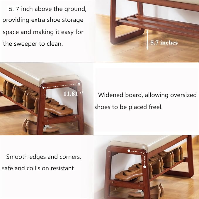 SOBIBO Solid Wood Shoe Bench, 2-Tier Wooden Entryway Bench, Modern Shoe Rack with Faux Leather Cushion for Hallway, Living Room (Gray, 31.5'')