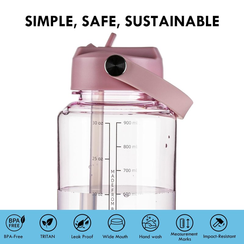 OLDLEY 32oz Water Bottle with Straw, Leakproof Tritan Clear Bottle with Marked Bottle and Carry Handle, BPA-Free Wide Mouth Reusable Sports Water Bottle for Gym,Hiking,Camping,Travel,Workout,Pink