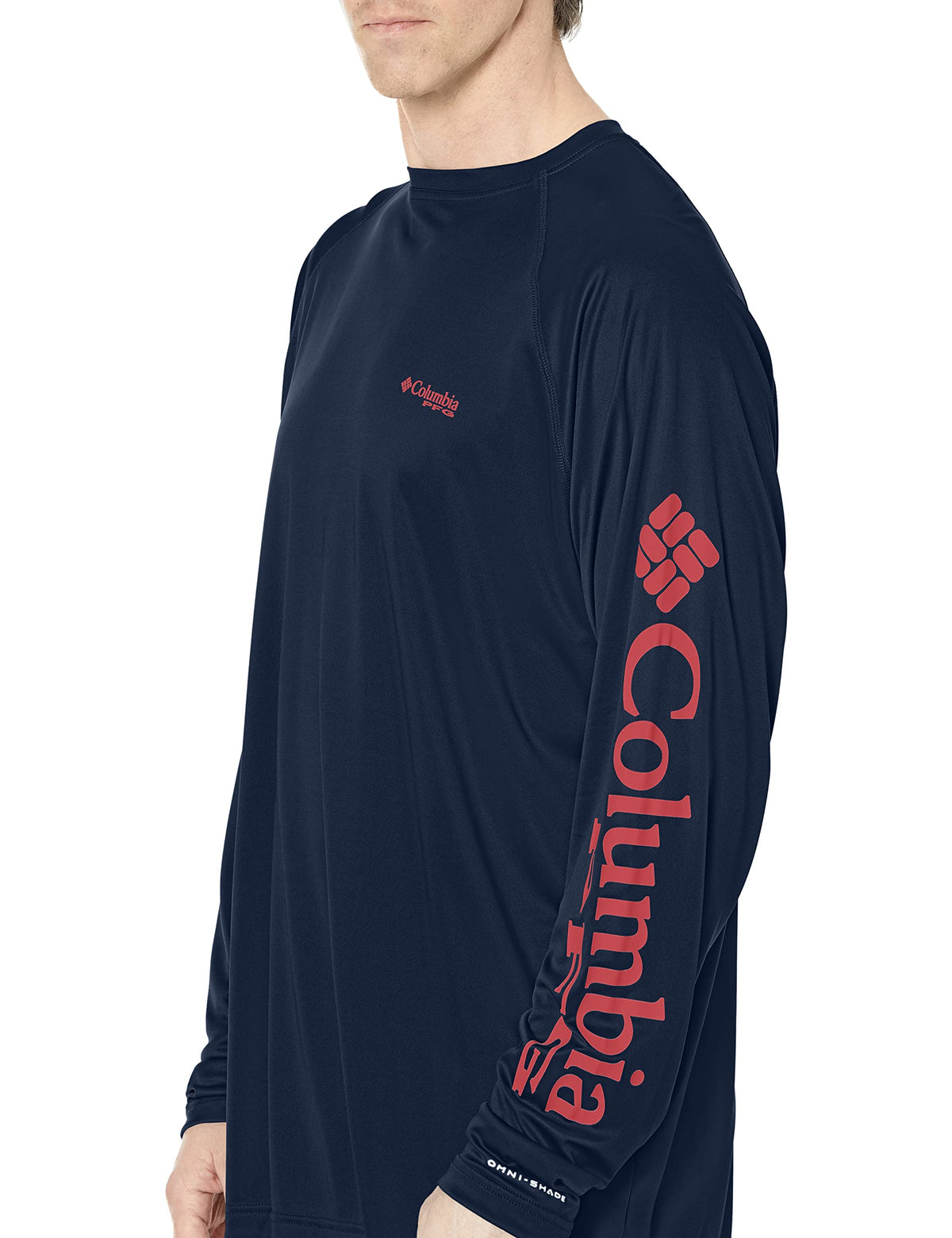 Columbia Men's PFG Terminal Tackle Long Sleeve Fishing Shirt, Collegiate Navy/Sunset Red Logo, Medium