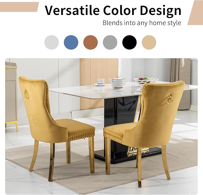Luxury Upholstered Dining Chairs Set of 2, Yellow Kitchen Chair with Golden Metal Legs, Velvet Tufted Back Dining Chair, Sillas de Comedor, Modern Kitchen & Dining Room Chairs (Gold, 2 Pcs)