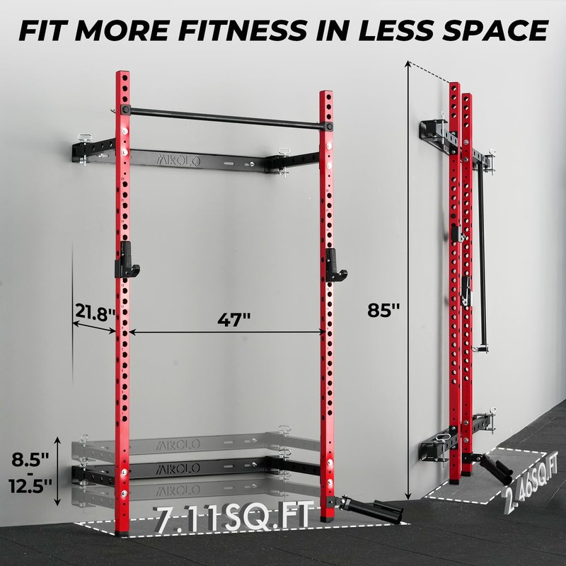 Mikolo 2" x 2" Folding Wall Mounted Squat Rack, 1000 Pounds Capacity Power Rack with Safety Catches, Pull Up Bar, J Hooks and Landmine Attachment, Space-Saving Home Gym(Red
