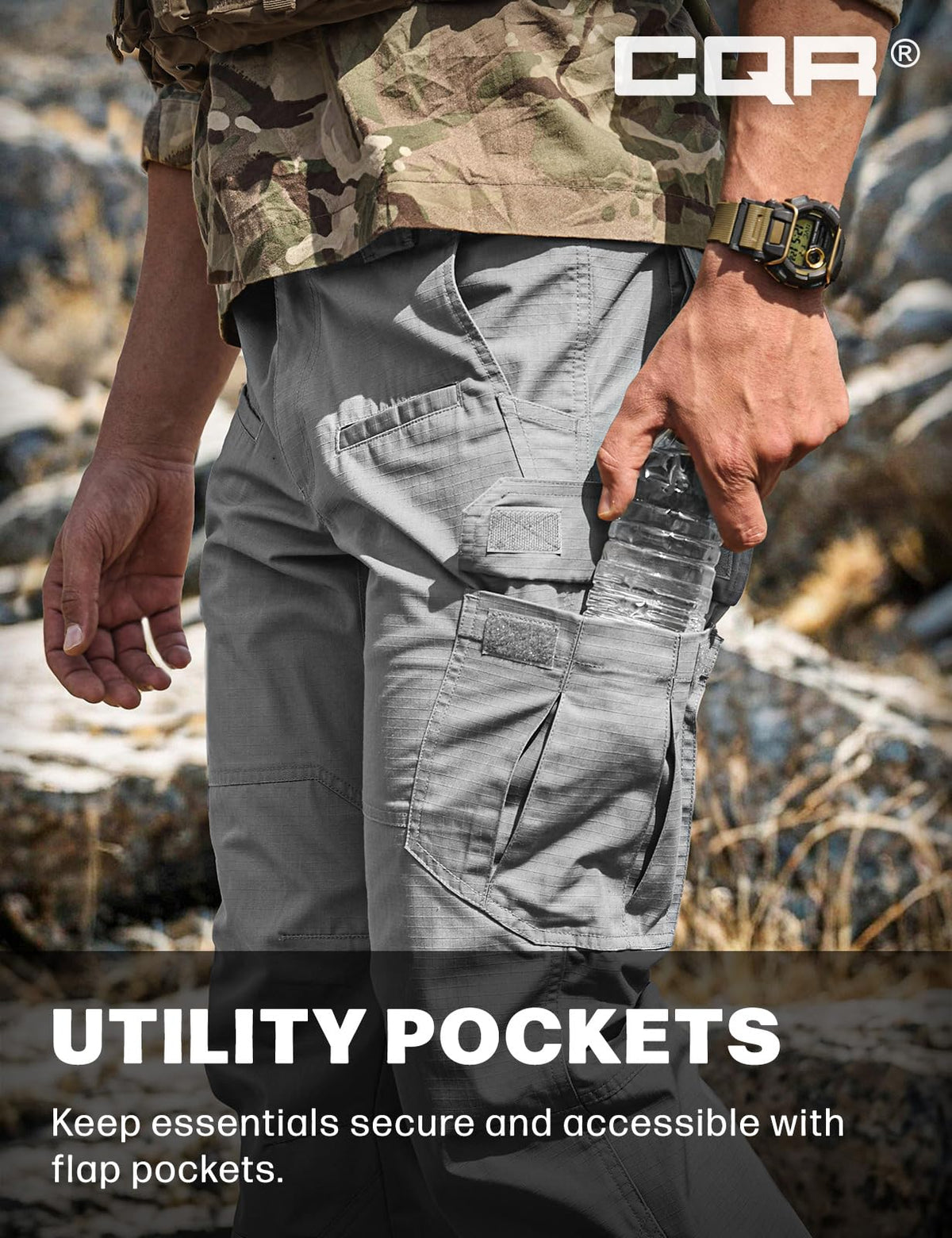CQR Men's Tactical Pants, Water Resistant Ripstop Cargo Pants, Lightweight EDC Work Hiking Pants, Outdoor Apparel, Raider Stone, 32W x 32L