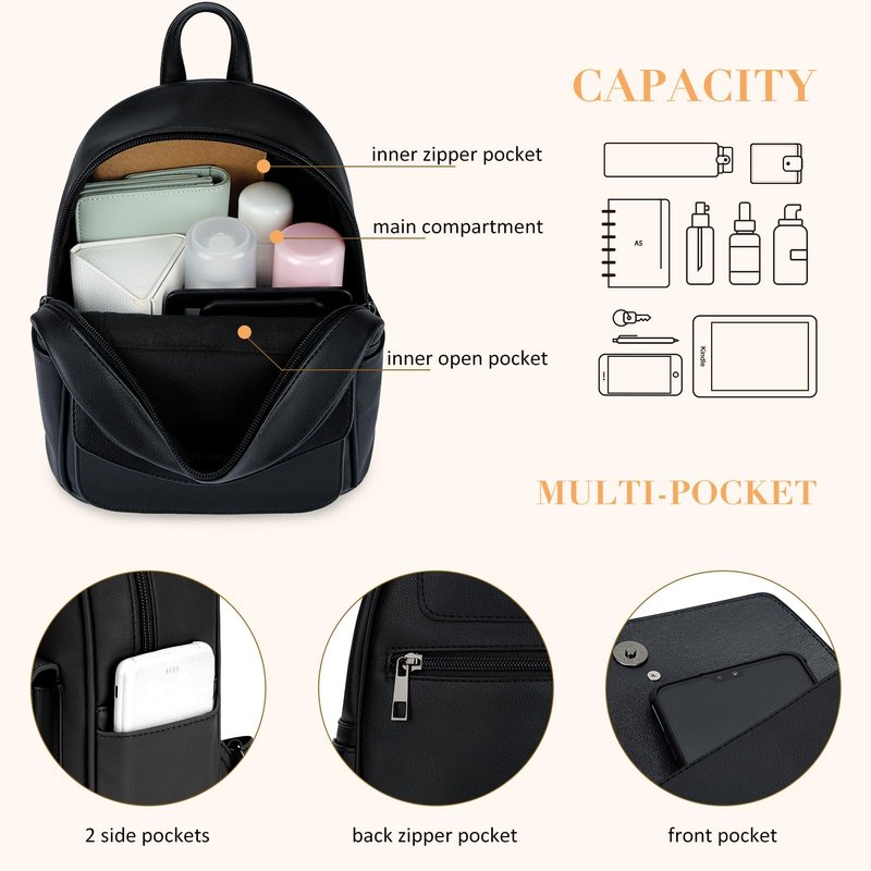 ECOSUSI Mini Backpack for Women Girls Cute Bowknot Small Backpack Purse Ladies Leather Bookbag Satchel Bag, with Charm Tassel Black