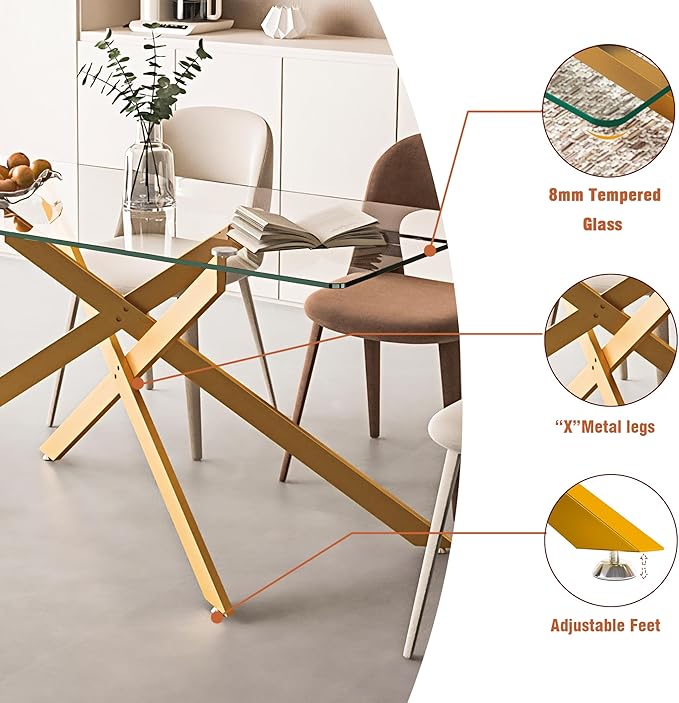 60" Rectangular Glass Dining Room Table for 6 with Tempered Glass Top and Gold Metal Legs, Modern Clear Kitchen and Dinner Table for Home Office Dining Room