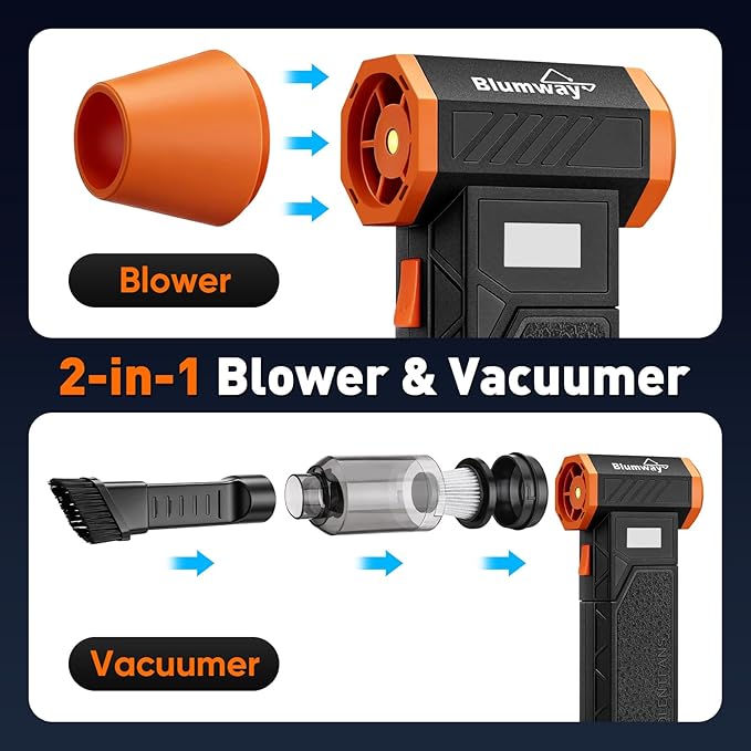 Compressed Air Duster, 2-in-1 Duster Blower & Vacuum with 320000RPM Jet Fan, Electric Air Duster Rechargeable, 4-Gear Adjustable Air Blower for Detailing Keyboard Computer Car Home Outdoor Cleaning