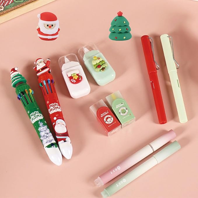 7 Pcs Cute Xmas Stationery Set Kawaii Christmas School Supplies Office Supplies Including Ballpoint Pens Pencil Sharpener Highlighter Correction Tape Eraser (X-mas(Green))
