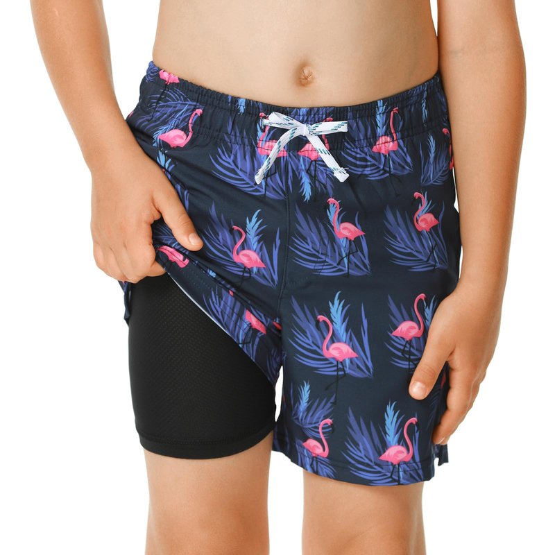 HODOSPORS Boys Swim Trunks with Compression Liner Swimsuit Bathing Suit Toddler Board Shorts Navy Flamingo