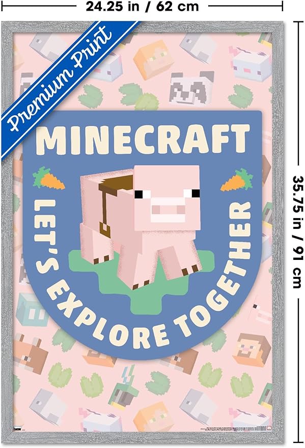 Trends International Minecraft - Let's Explore Together Wall Poster, 34L x 22.4W, Gray Framed Version