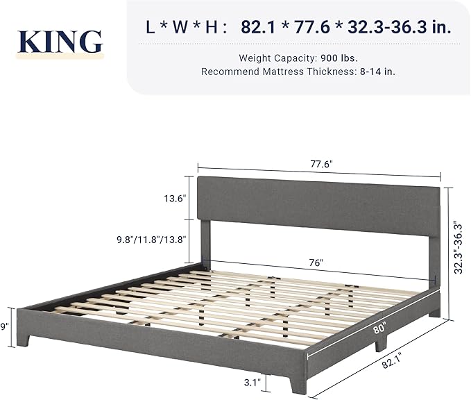 Allewie King Size Bed Frame with Adjustable Headboard, Upholstered Platform Bed with Wood Slats, Heavy Duty Mattress Foundation, No Box Spring Needed, Noise-Free, Easy Assembly, Dark Grey