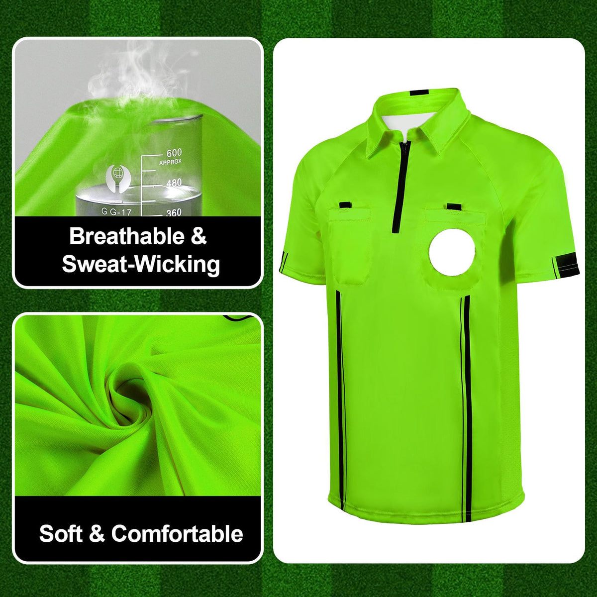 HIGHRAZON Men Referee Shirt, Green Soccer Referee Jersey, Men’s Official Pro Soccer Referee Shirt with Double Hidden Pockets - Short Sleeve (L)