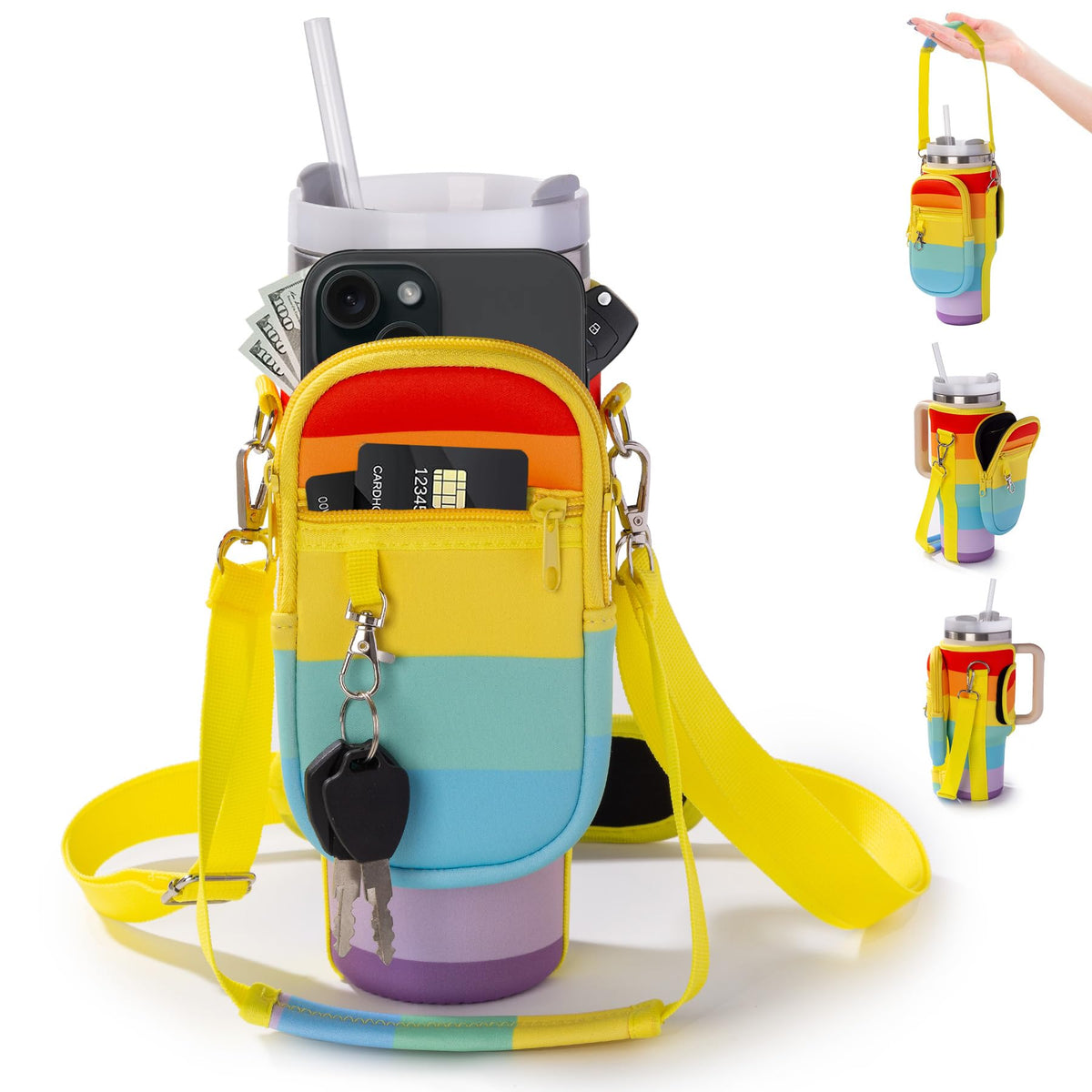 linmaya Water Bottle Carrier Bag for Stanley Cup 40/30oz with Phone Holder Pockets,Neoprene Water Bottle Cross-body Bag with Adjustable Shoulder & Hand Strap Stanley Cup Accessories