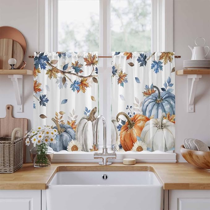 Navy Blue Pumpkin Fall Kitchen Curtains 45 Inch Long 2 Panel Set, Rod Pocket