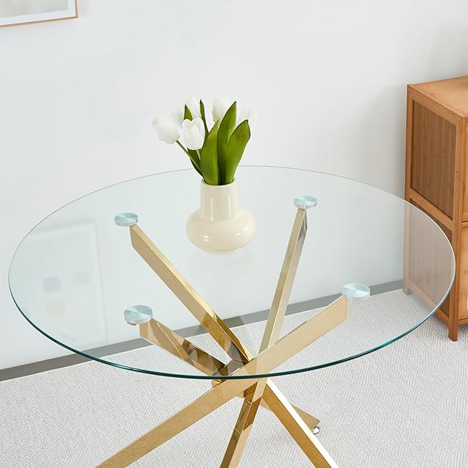36" Round Glass Dining Table Modern Kitchen Glass Top Table for 4 with Gold Chrome Metal Legs, Clear Dining Table Kitchen Table for Home Office Dining Room