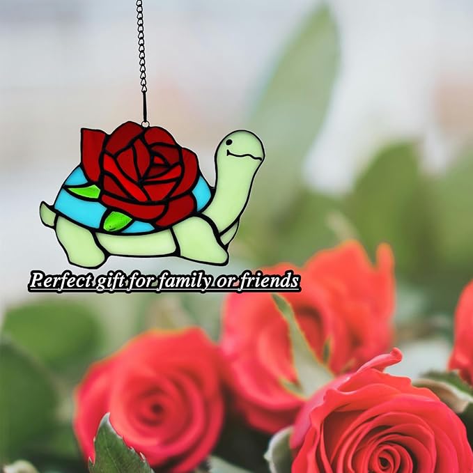 Stained Glass Turtle with Rose Birthday Gifts for Women, Stained Glass Window Hanging Suncatcher Ornament, Housewarming Window Decor Gifts for Mom, Turtle Lovers