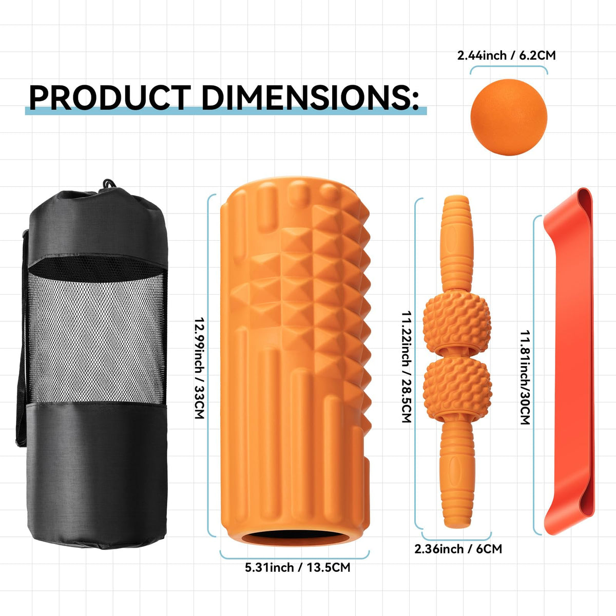 Zmarthumb 5 in 1 Foam Roller Set, High Density Fitness Exercise Foam Roller for Deep Tissue Muscle Massage, Massage Roller, Massage Ball, Resistance Band, for Whole Body(Orange)