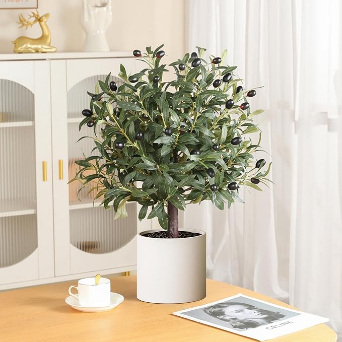 25" Tall Artificial Olive Topiary Ball Tree with Leaves and Fruits, Olive Boxwood Topiary Ball Potted Bushes UV Resistant Potted Plants for Indoor Outdoor Home Garden