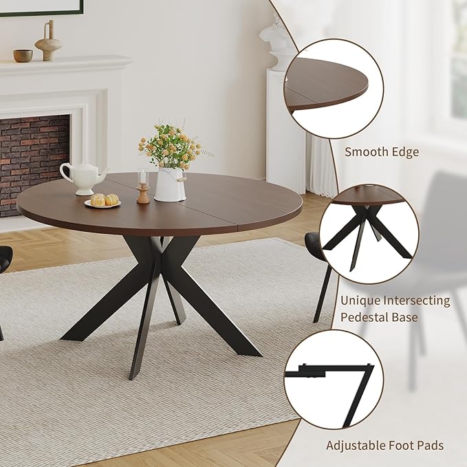 45.3" Walnut Round Dining Table Set with 2 Chairs – Mid-Century Modern Small-Space Kitchen & Dining Room Furniture for Apartment or Breakfast Nook (Walnut – Table + 2 Brown Chairs)