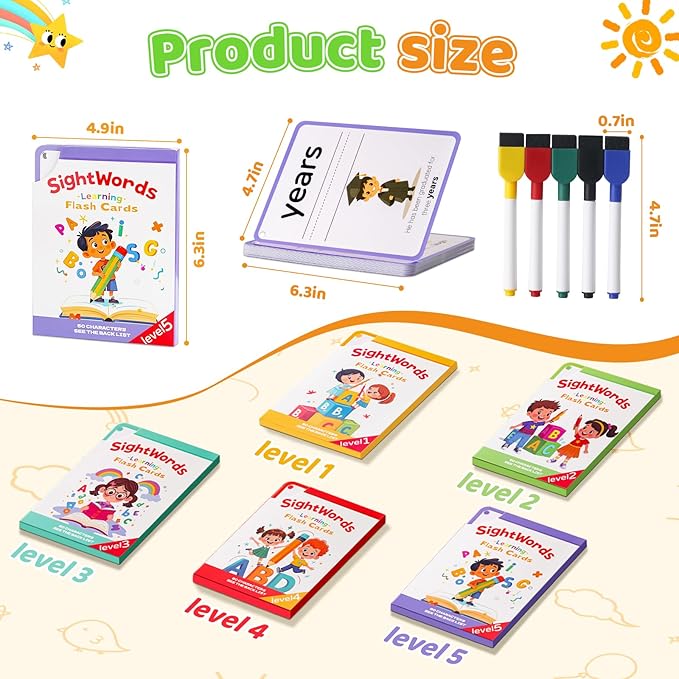 Big Size Sight Words Flash Cards Kindergarten, 250 Dolch Sight Words Game with 5 Levels, Preschool Toddler Flash Card for Writing Reading Spelling Game, Educational Learning Toy for Kid Age 3