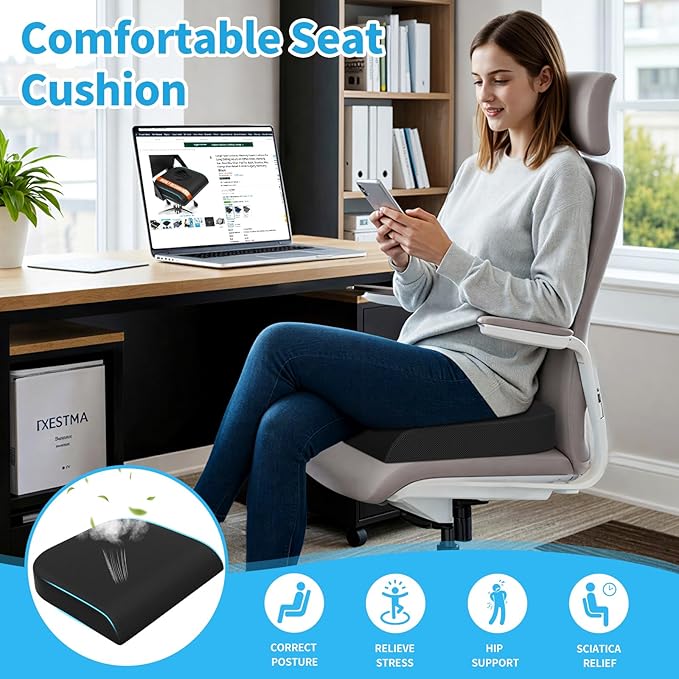 Large Seat Cushion, Memory Foam Cushion for Long Sitting Hours on Office Chair, Car Seat, Non-Slip Chair Pad for Sciatica, Coccyx, Tailbone Pain Relief & Post-Surgery Recovery (Black)