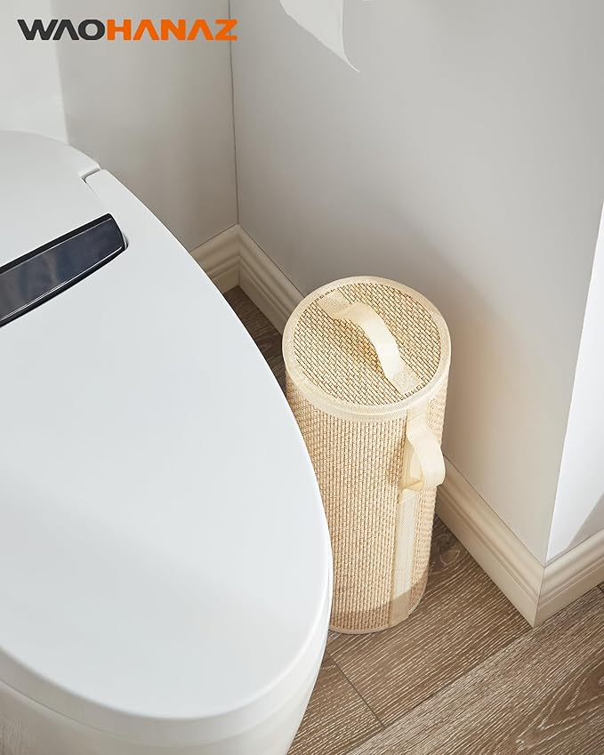 Bamboo Toilet Paper Storage Basket with Lid & Handle - 10L Handwoven Bathroom Organizer for 4 Rolls - Sturdy Stand Holder for Toilet Paper Organization, Light Natural