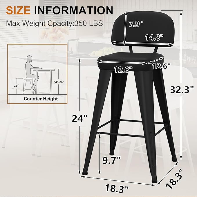 Aklaus PU Leather Metal Bar Stools 24 inch Faux Leather Counter Height Barstools Set of 4 Modern Farmhouse Bar Chairs with High Backs and Faux Leather Seat for Kitchen Island Dining Room Matte Black